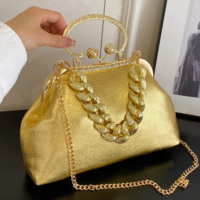 Women Gold Green Chain Messenger Bags PU Leather Shoulder Bags