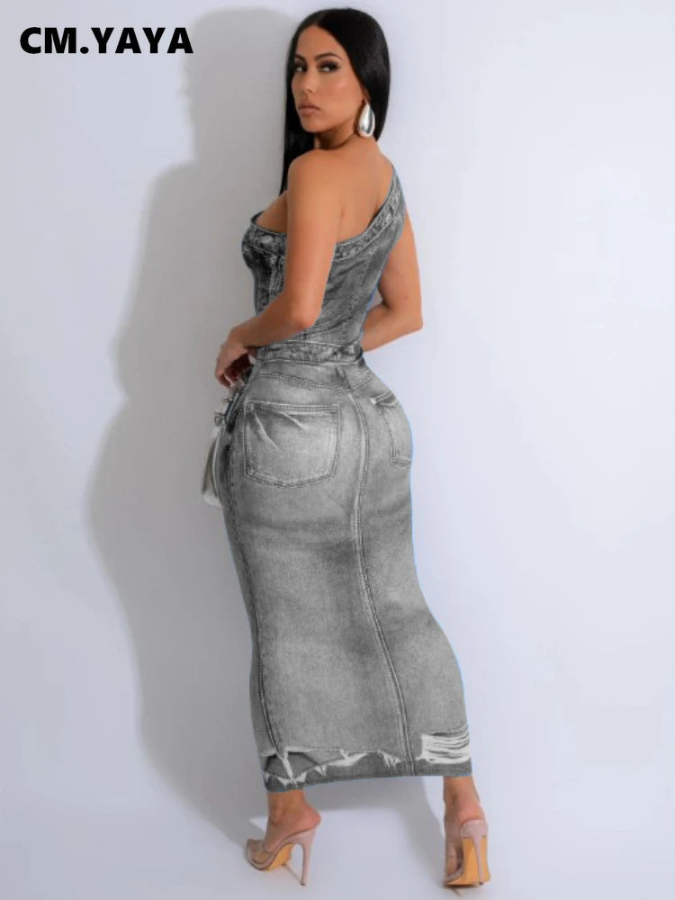 Women Fake Jean 3D Printed One Shoulder Sleeveless Bodycon Midi Maxi Dress