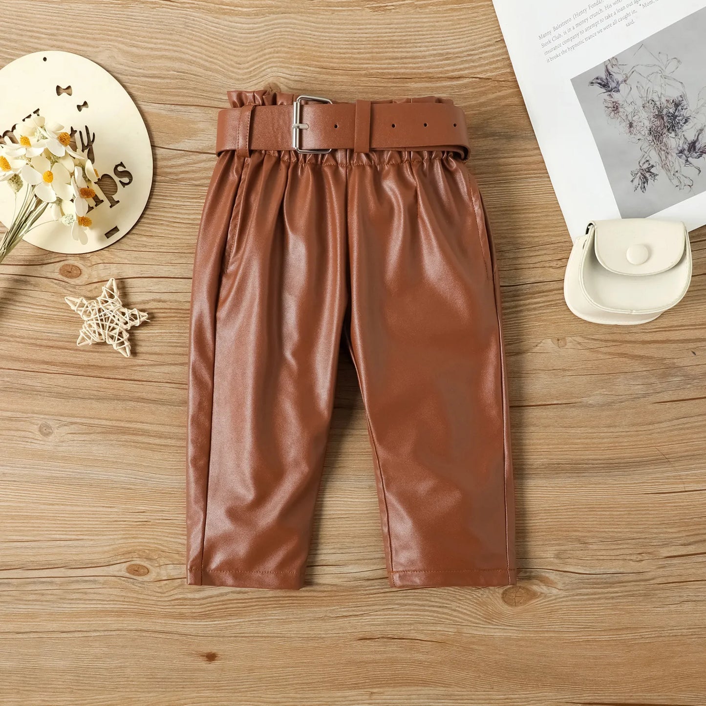 Elegant Fashion Kids Girls Clothes Set Puff Sleeve Ribbed Blouse T Shirt Tops PU Leather Long Pants With Belt 2PCS Girls Suit