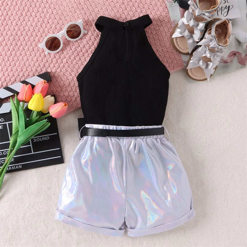 Listenwind 4-7Y Kid Girl Summer Clothes Set Sleeveless Rib Knit Halter Tops Holographic Shorts Belt 3Pcs Outfits