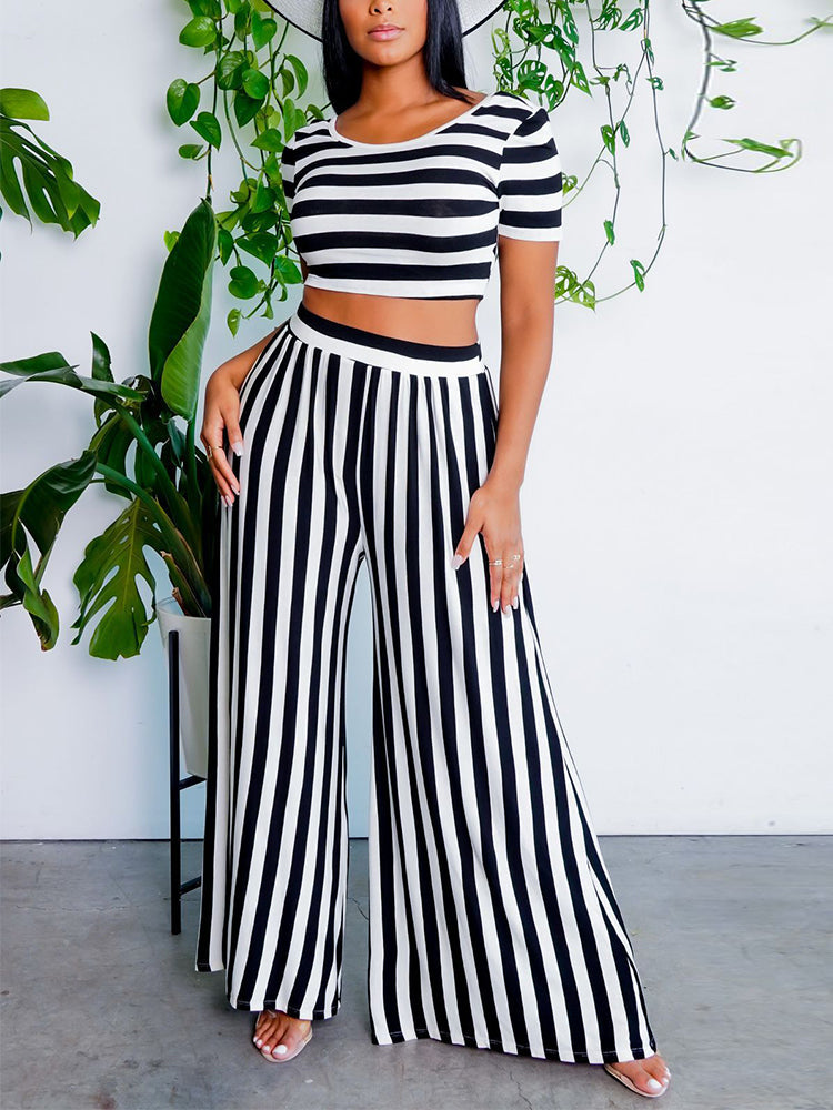 Women 2 Pieces Sets Stripe Printed Short Sleeve T-shirt & Wide Leg