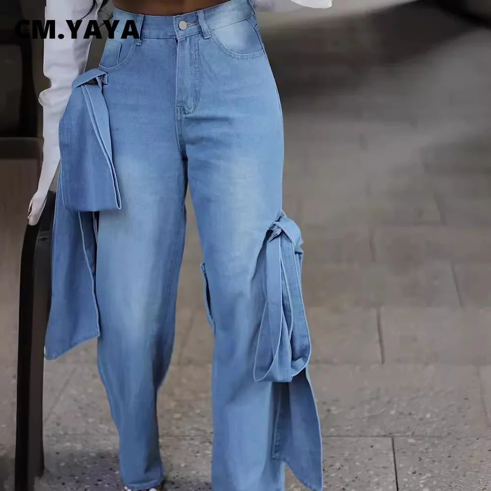 Women Street Fashion High Waist Zipper Fly Wide Leg Straight String Jeans