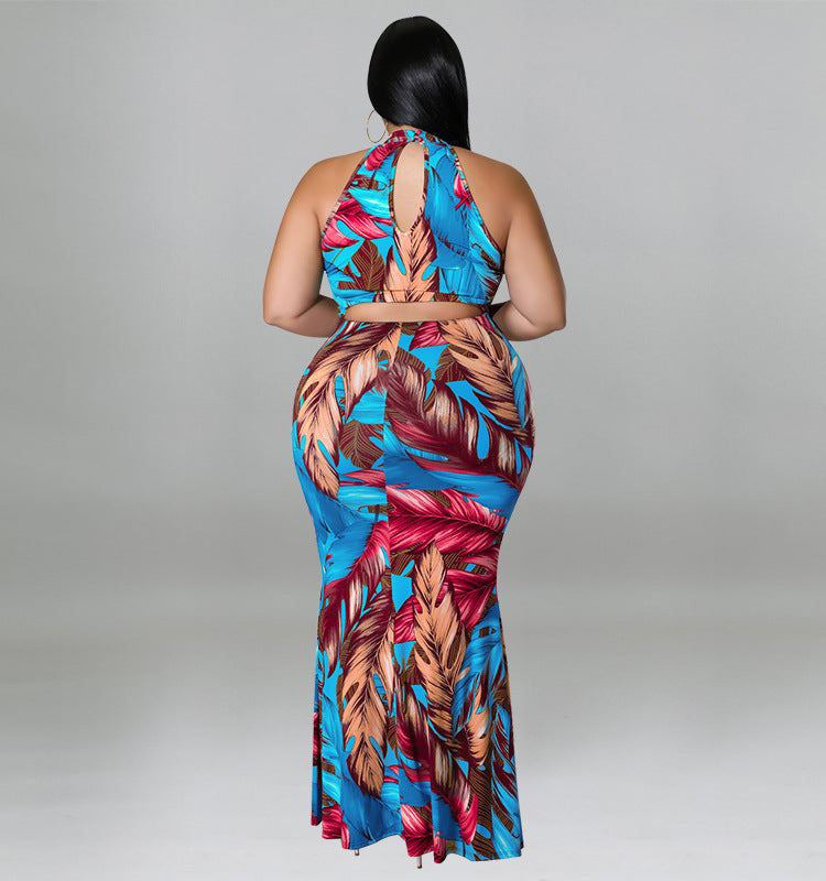 Plus Size Women Double Wear Leaf Print Sleeveless Mermaid Bodycon Maxi