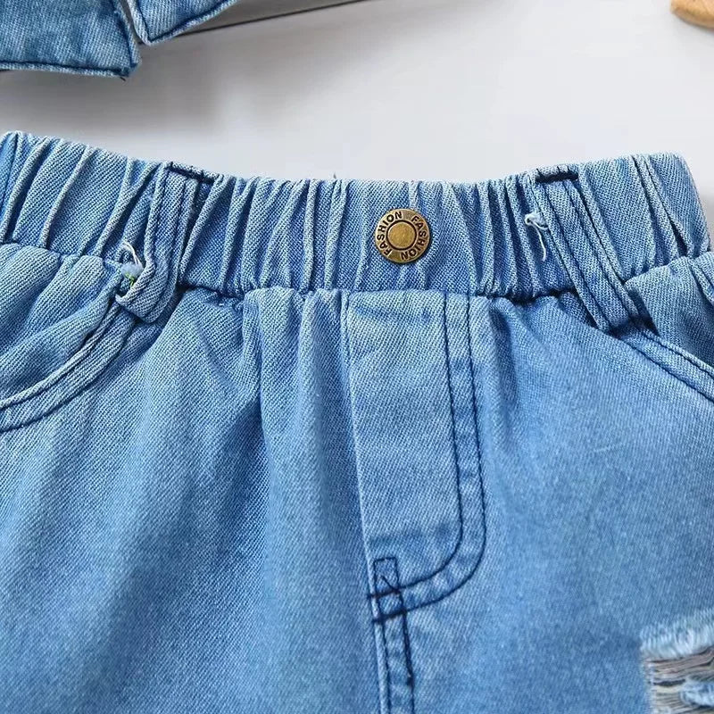 New Summer  Girls Baby Clothing Fashion Short Off-The-Shoulder Sleeves Tube Top+Ripped Denim Shorts Two-Piece