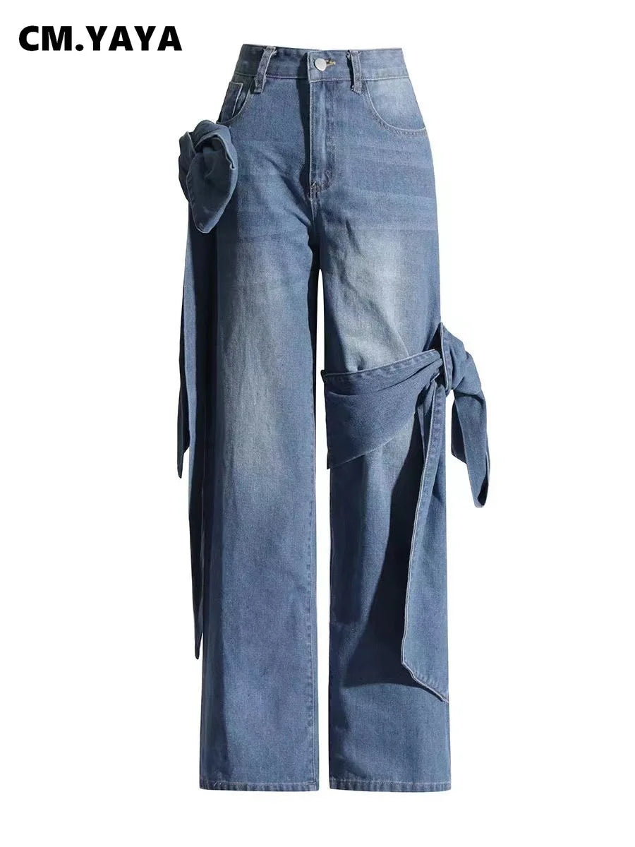 Women Street Fashion High Waist Zipper Fly Wide Leg Straight String Jeans