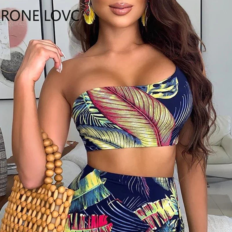 Women Off Shoulder Tie Front Top & Tropical Print Skirt Set  Casual 2 Pieces Set