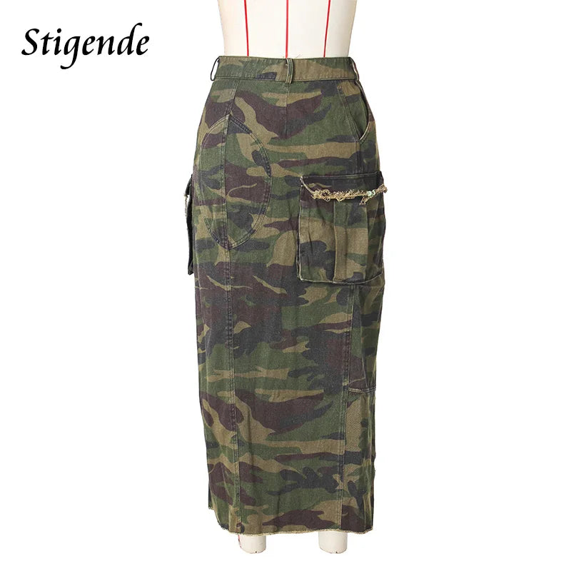 Women Sexy High Split Camouflage Skirt Army Green Ripped