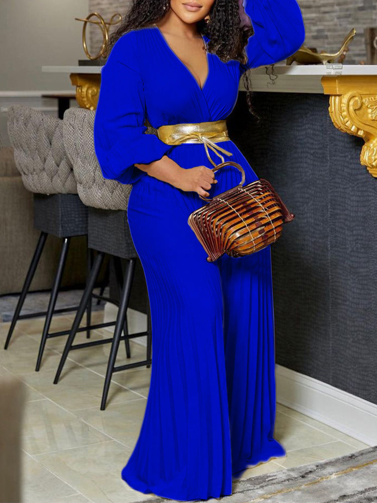 Women Elegant V Neck Pleated Jumpsuit Wide Leg