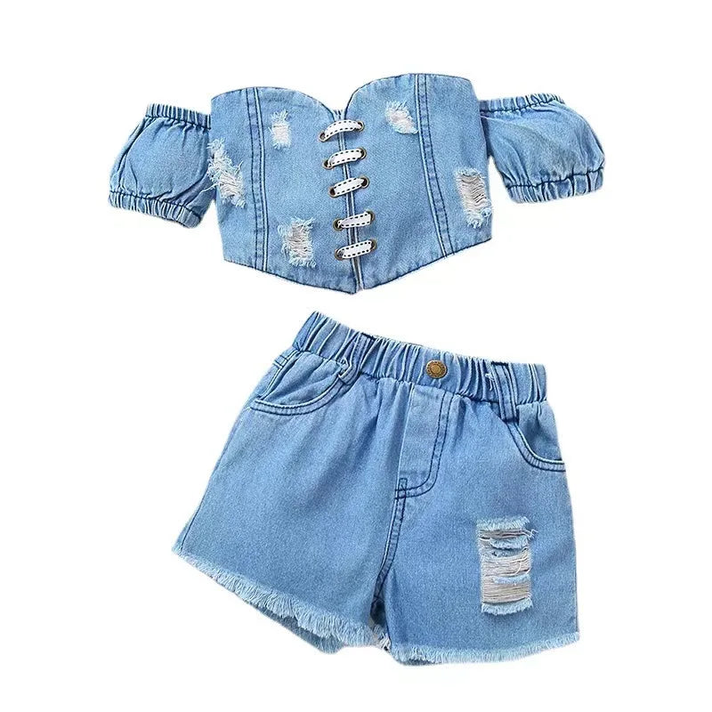 New Summer  Girls Baby Clothing Fashion Short Off-The-Shoulder Sleeves Tube Top+Ripped Denim Shorts Two-Piece