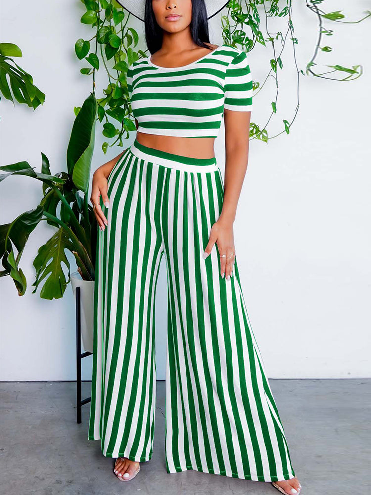 Women 2 Pieces Sets Stripe Printed Short Sleeve T-shirt & Wide Leg