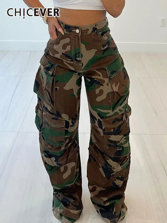 Camouflage high waist patchwork pockets for women