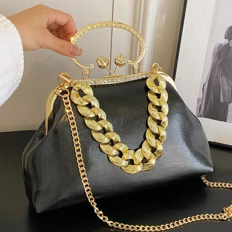 Women Gold Green Chain Messenger Bags PU Leather Shoulder Bags