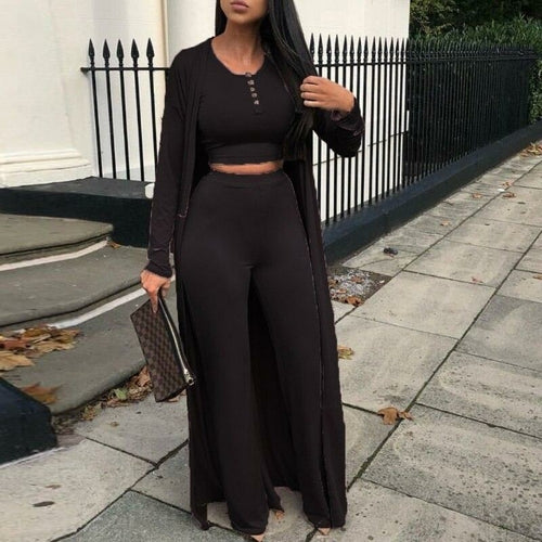 Sexy Button Vest Top + Cardigan + Wide Leg Set Women