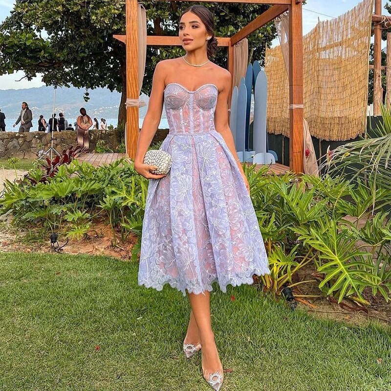 Sexy Strapless Printed Lace Party Dress Women