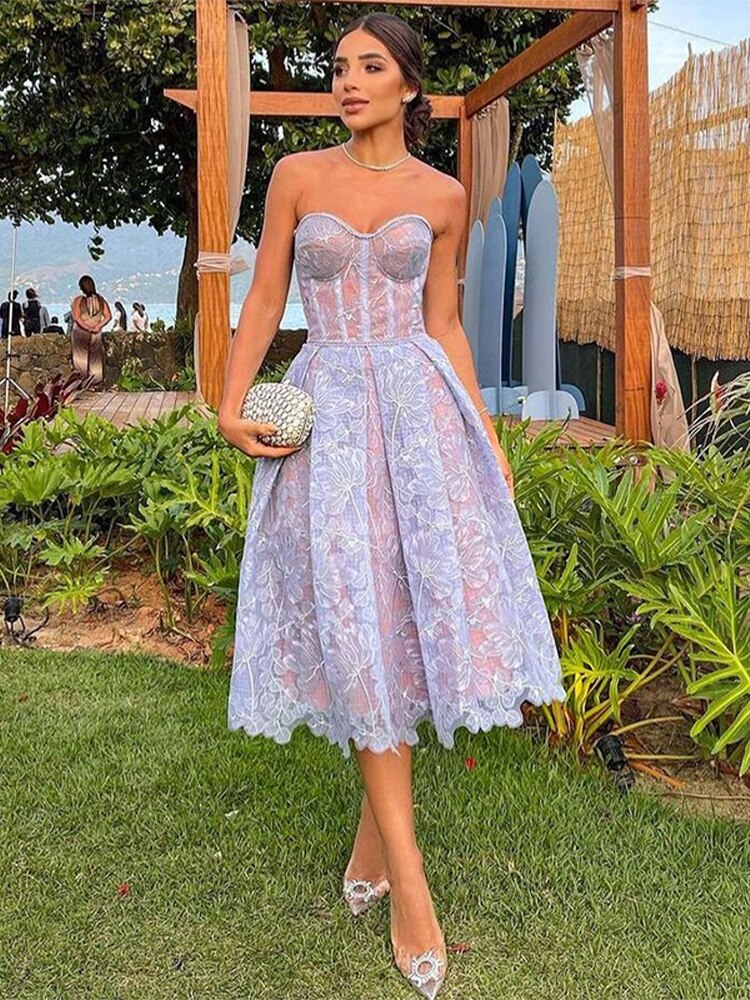 Sexy Strapless Printed Lace Party Dress Women