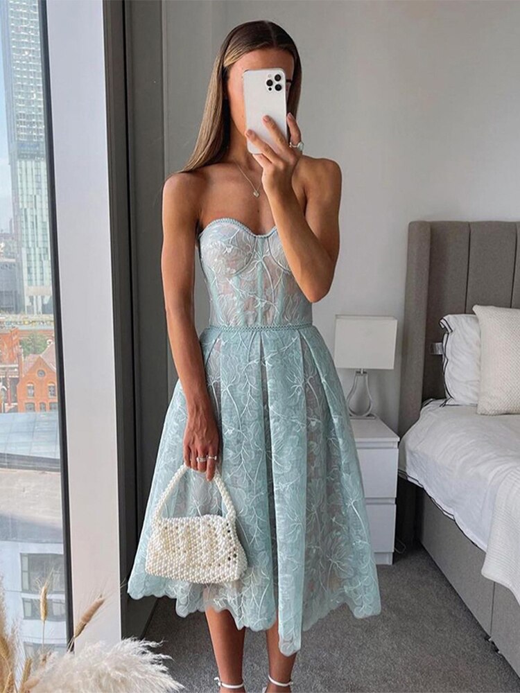 Sexy Strapless Printed Lace Party Dress Women