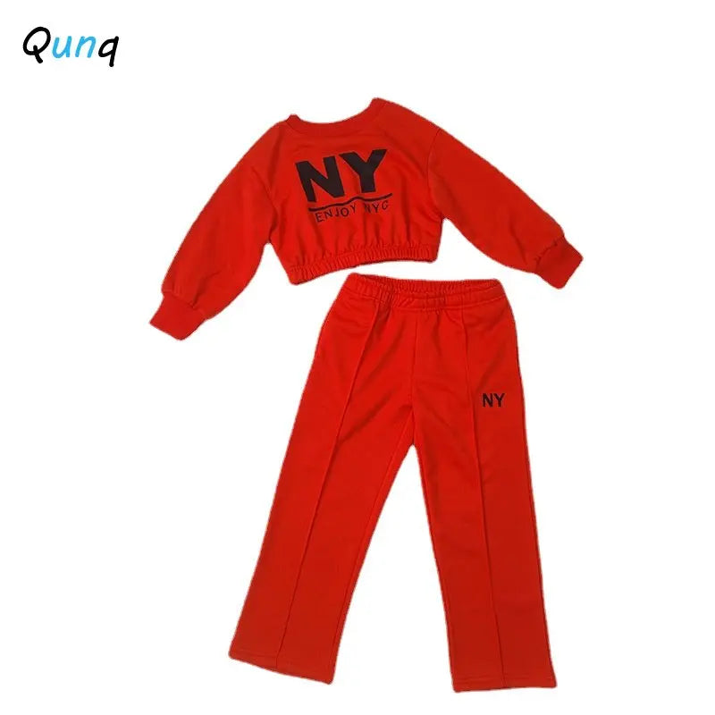 Qunq Autumn & Winter Girls O Neck Long Sleeve Letter Print Top + Wide-legged Pants 2 Pieces Set Casual Kids Clouthes Age 3T-8T