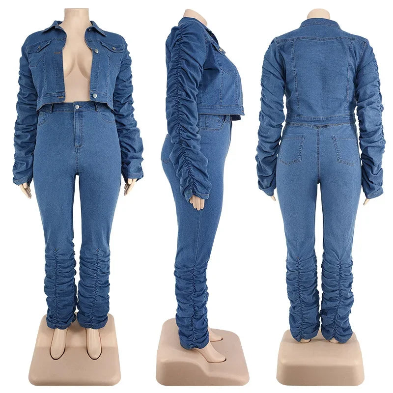 Denim Plus Size Sets Women 2 Piece Set Puff Long Sleeve Jacket Stretch Stacked Jeans