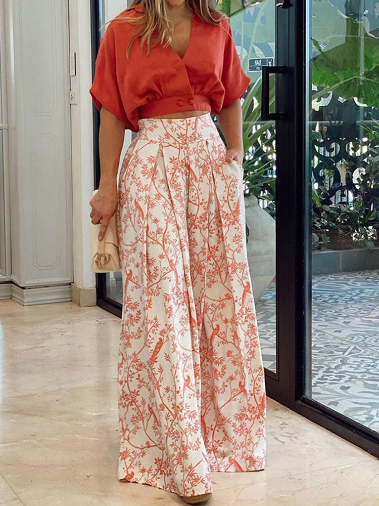 V Neck Crop Top Blouse and Wide Leg Women Set