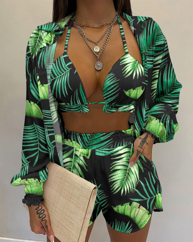 Sexy Beach Style Printed Shirt Shorts Set Women