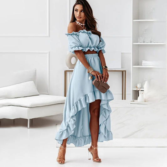 Elegant Ruffled Backless Dress Sets Puff Sleeve Strapless Elastic Two