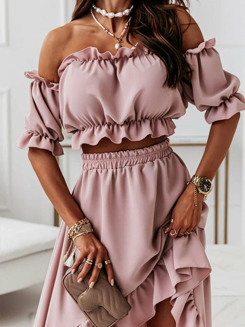 Elegant Ruffled Backless Dress Sets Puff Sleeve Strapless Elastic Two