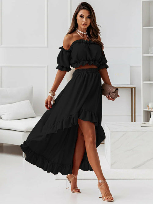 Elegant Ruffled Backless Dress Sets Puff Sleeve Strapless Elastic Two