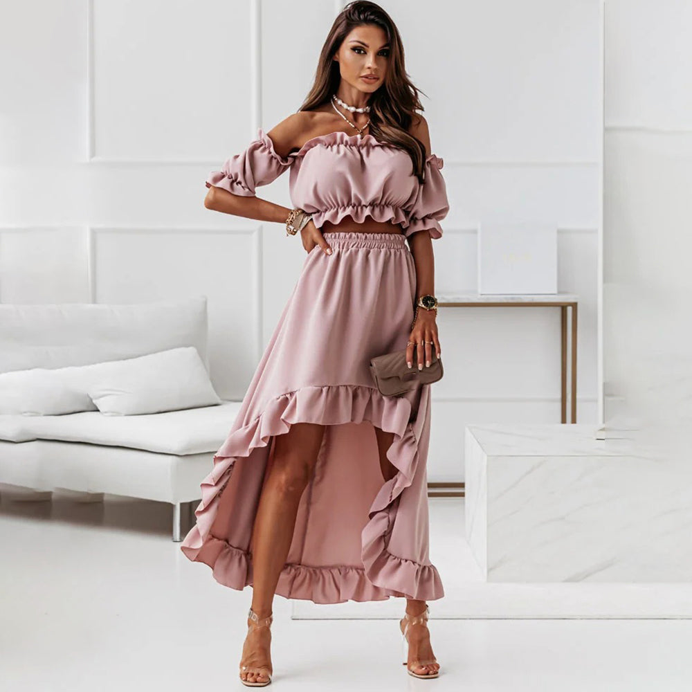 Elegant Ruffled Backless Dress Sets Puff Sleeve Strapless Elastic Two