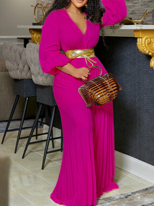 Women Elegant V Neck Pleated Jumpsuit Wide Leg