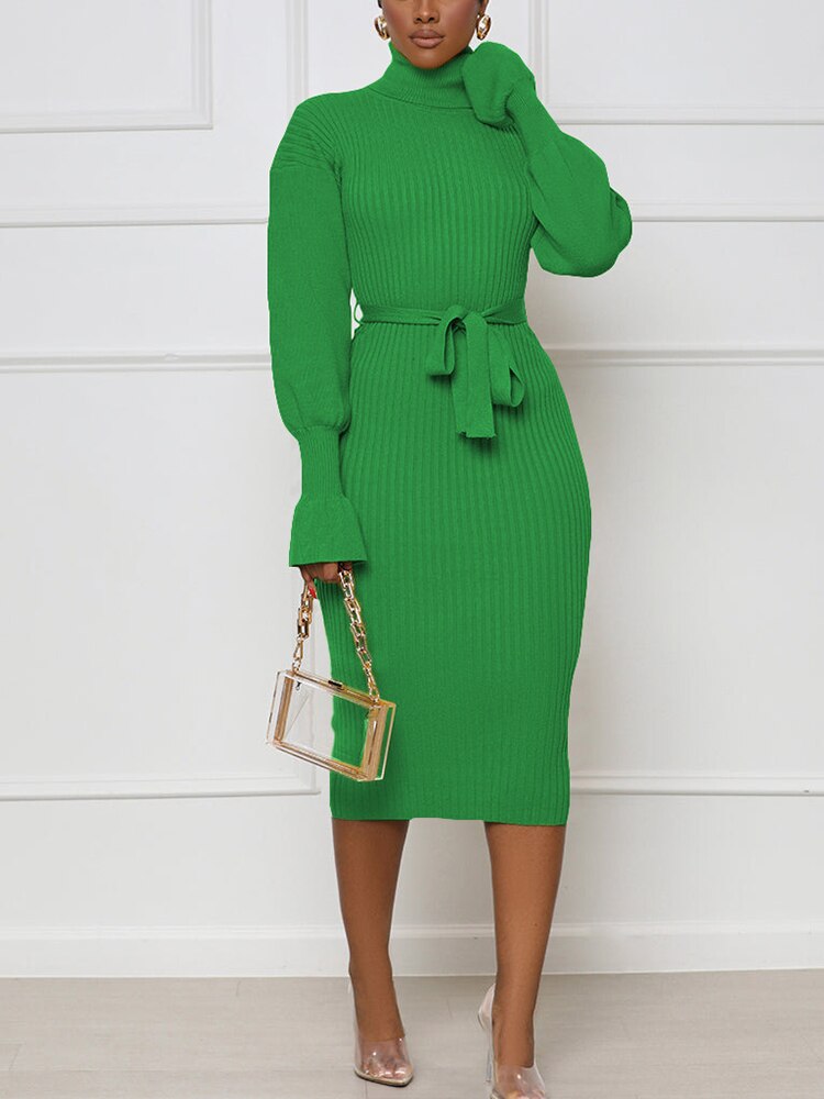 High Neck Long Sleeve Belt Knitted Sweater Dress