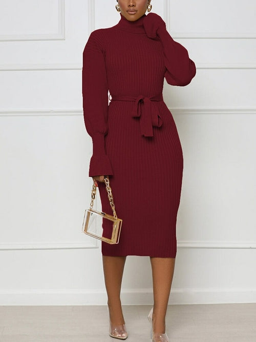 High Neck Long Sleeve Belt Knitted Sweater Dress