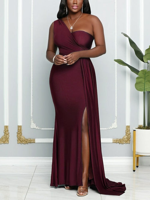 One Shoulder Formal High Slit Dress