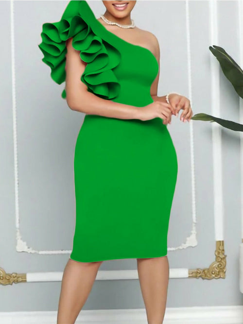 One Shoulderr Ruffles Bodycon Midi Dress Elegant Evening Party Dress