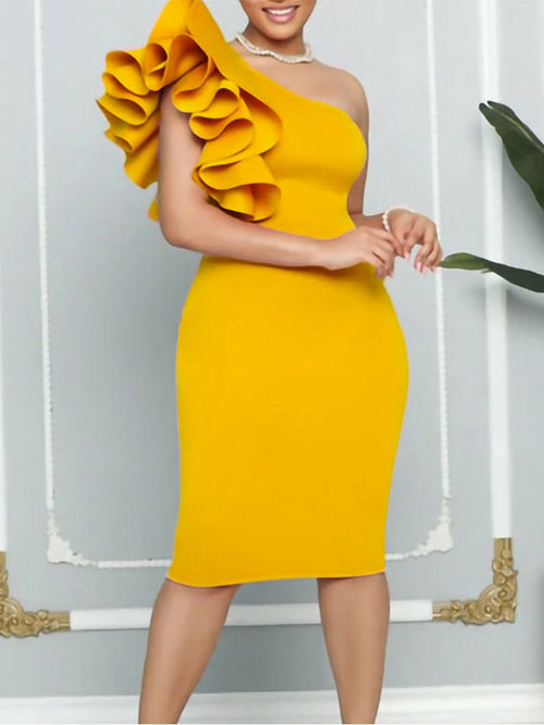 One Shoulderr Ruffles Bodycon Midi Dress Elegant Evening Party Dress