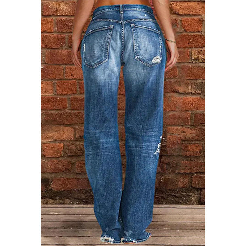 Women's Denim Trend Mid Waist Ripped Leisure Straight-leg Pants