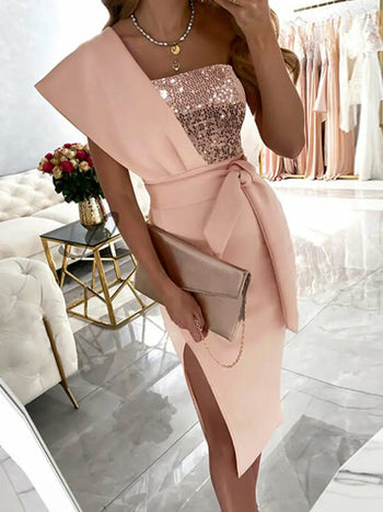 One Shoulder Slit Ruffle Hem Sequins Party Dress