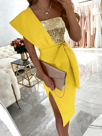 One Shoulder Slit Ruffle Hem Sequins Party Dress