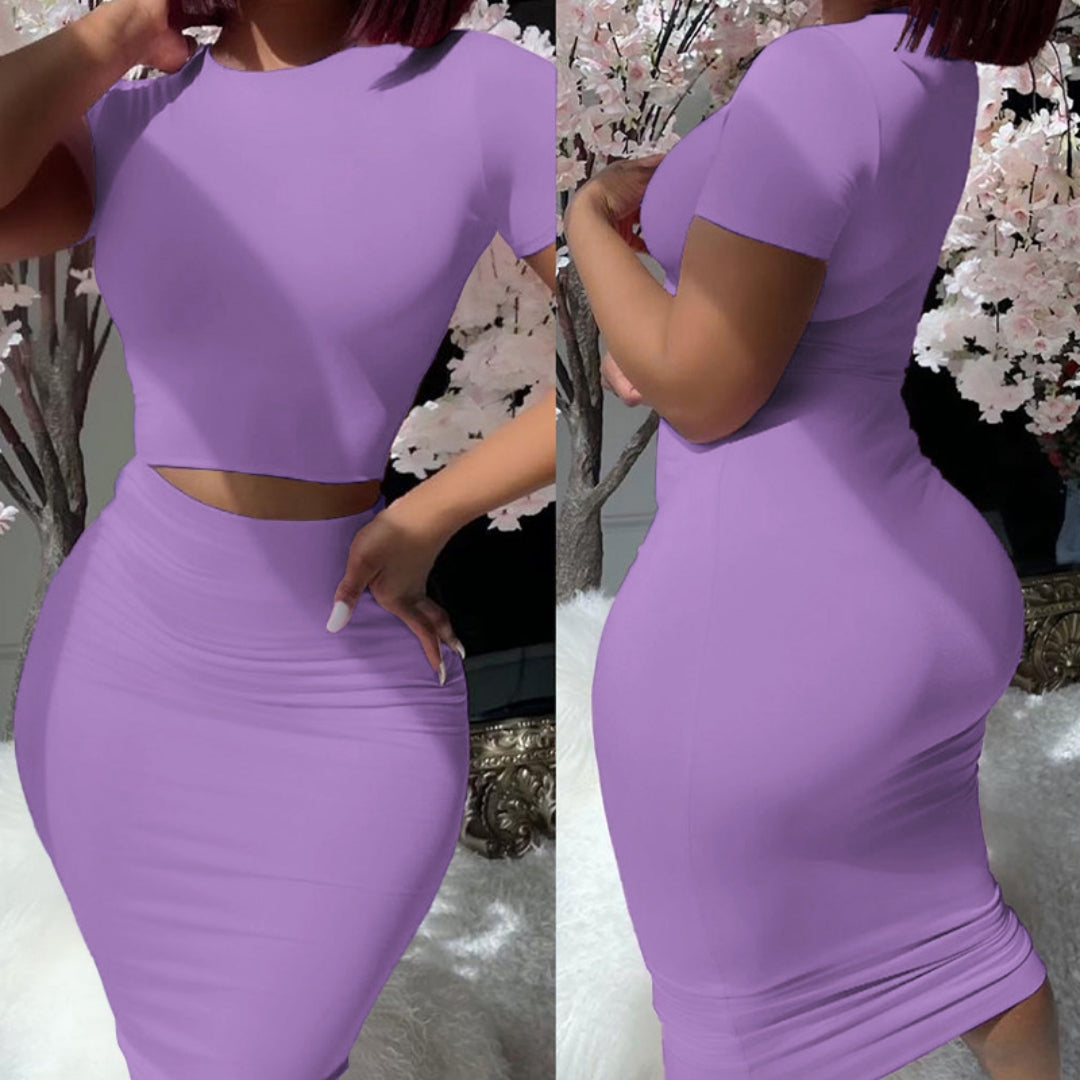 Solid Color Short Sleeve Top Suit Tight Midi Dress