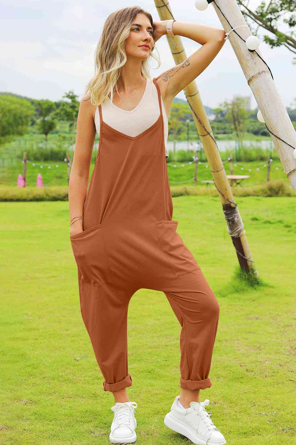 Women Double Take Full Size Sleeveless V-Neck Pocketed Jumpsuit