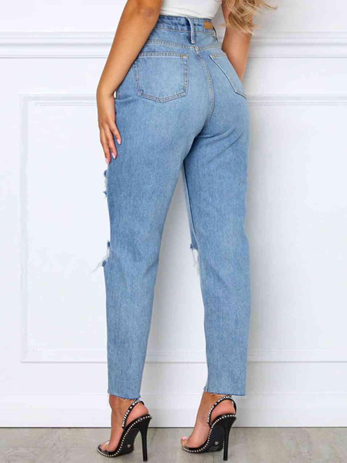 Women Distressed High Waist Straight Jeans