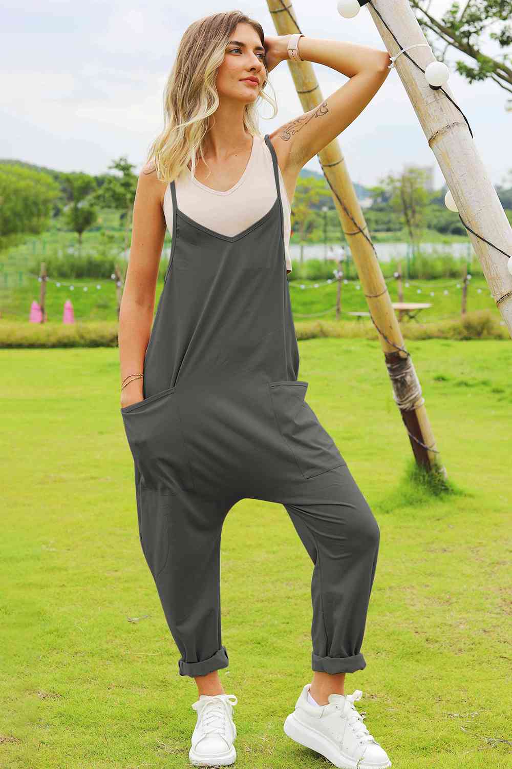 Women Double Take Full Size Sleeveless V-Neck Pocketed Jumpsuit