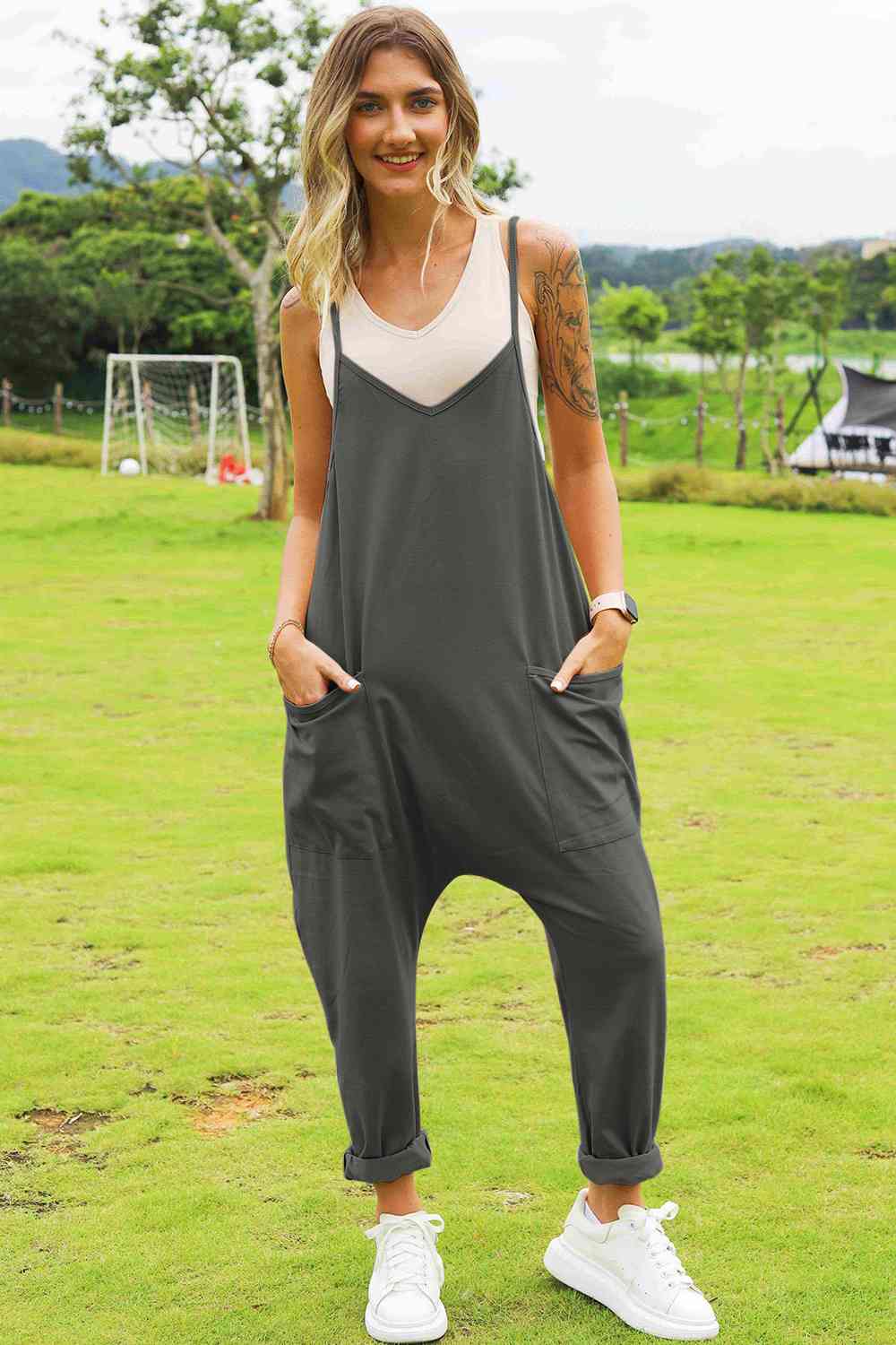 Women Double Take Full Size Sleeveless V-Neck Pocketed Jumpsuit