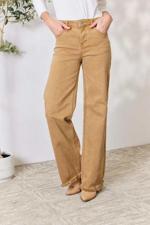 Women Full Size Fringe Hem Wide Leg Jeans