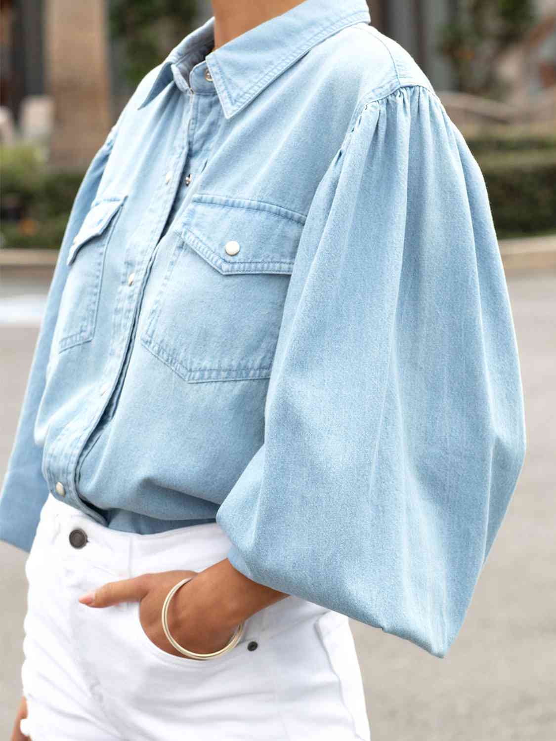 Snap Down Puff Sleeve Denim Top Women