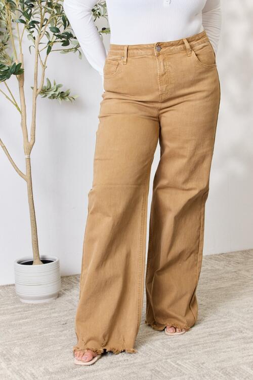 Women Full Size Fringe Hem Wide Leg Jeans