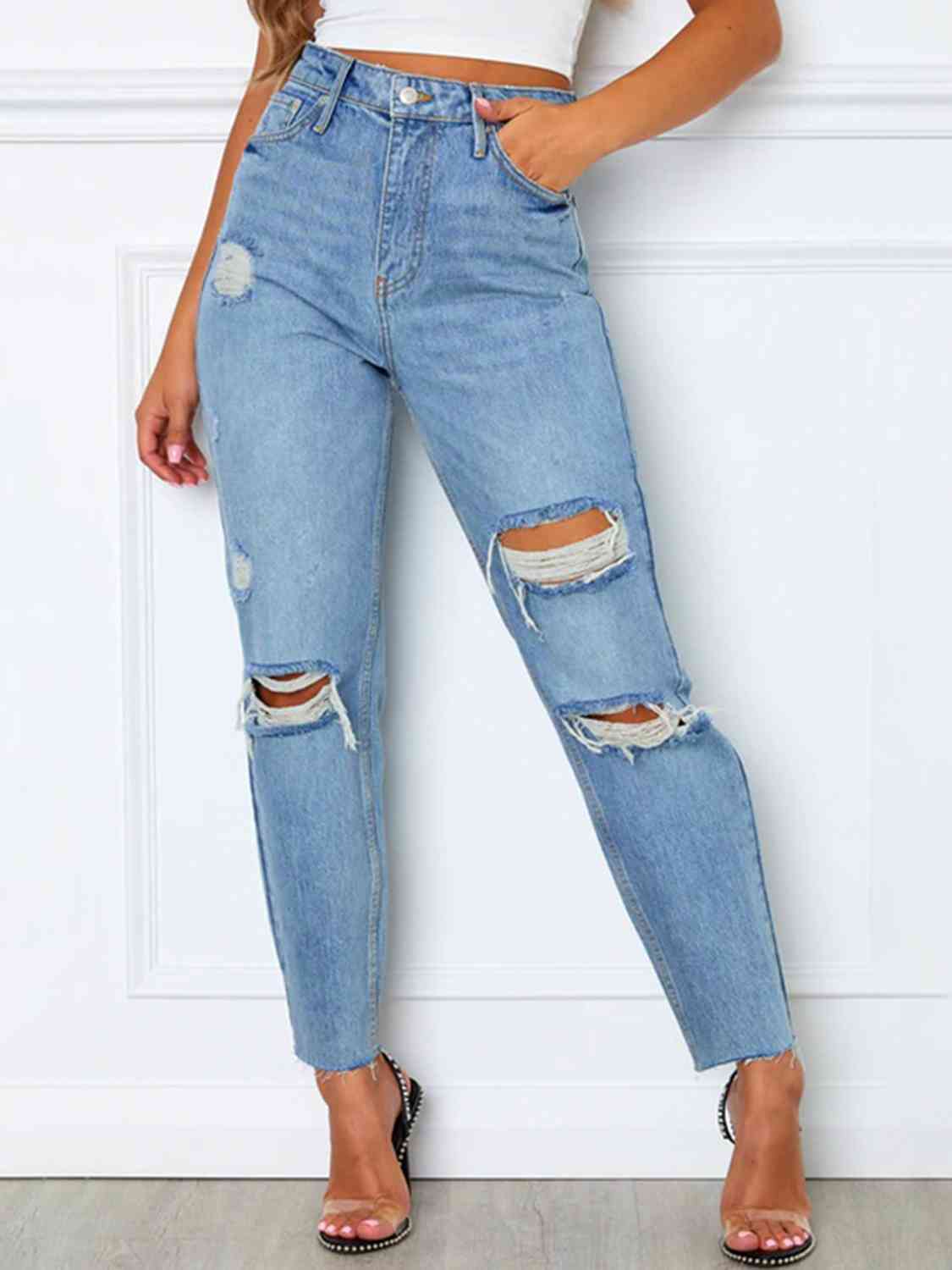 Women Distressed High Waist Straight Jeans