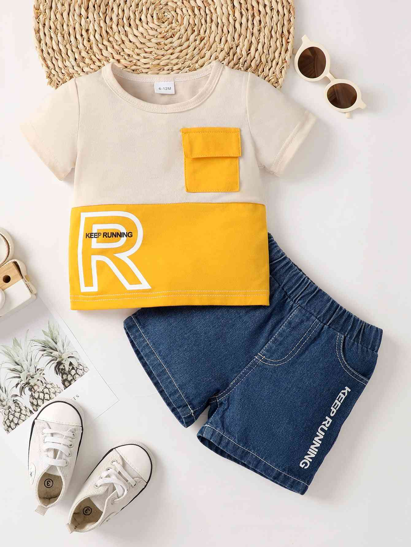 KEEP RUNNING Round Neck Tee and Denim Shorts Set