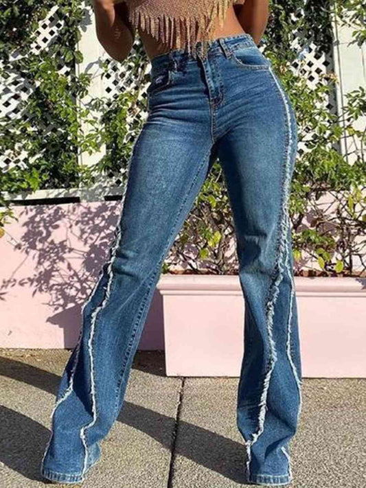 Women Raw Hem High Waist Jeans