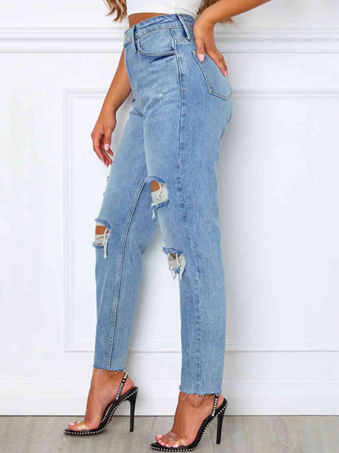 Women Distressed High Waist Straight Jeans