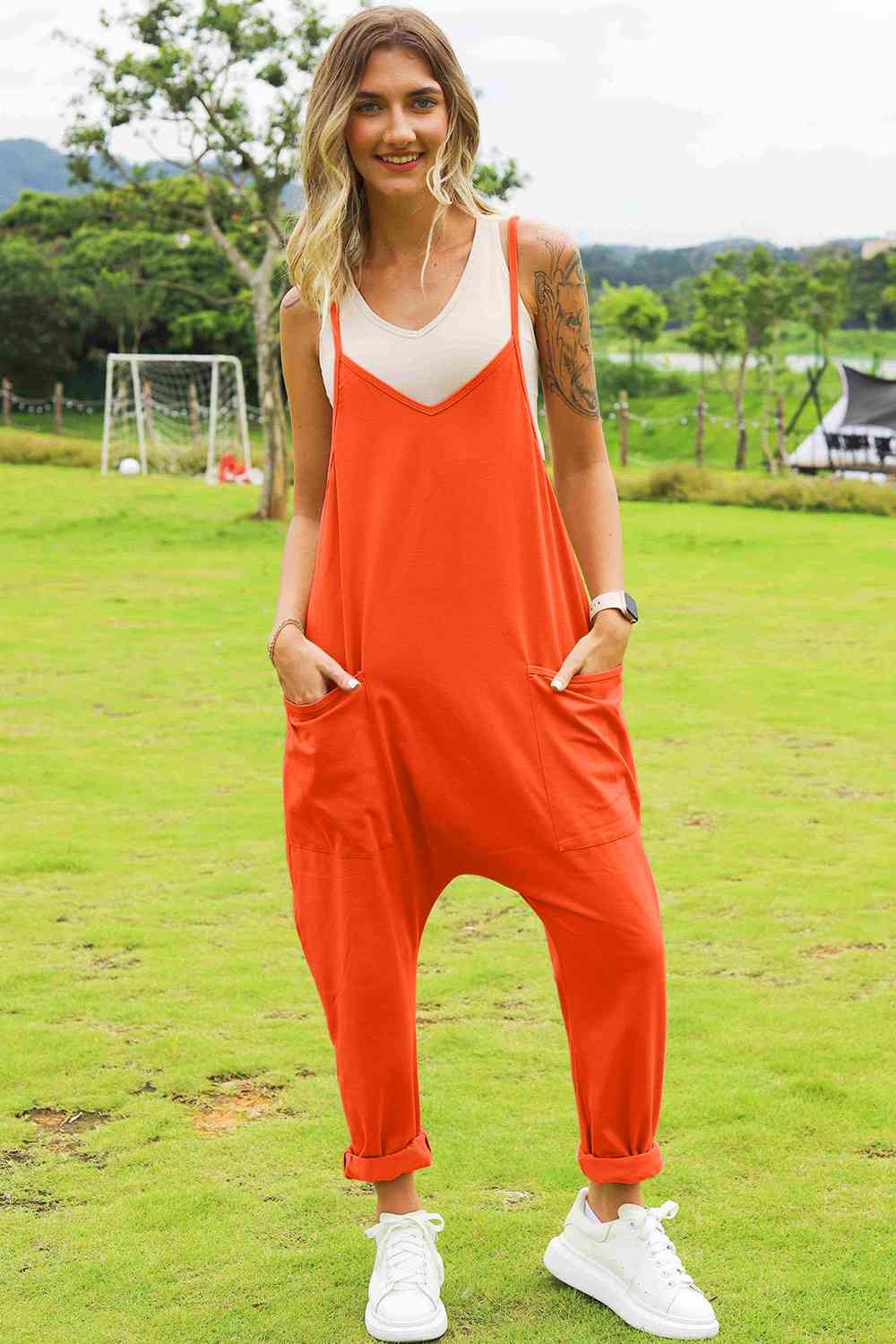 Women Double Take Full Size Sleeveless V-Neck Pocketed Jumpsuit